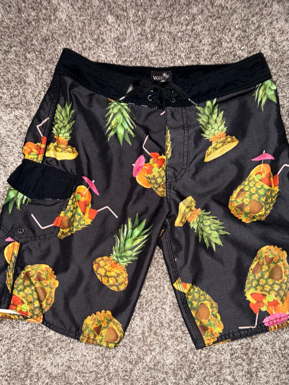 Vans Mens Board Shorts Size 30 Black Pineapple Tropical Fruit Swim Trunks